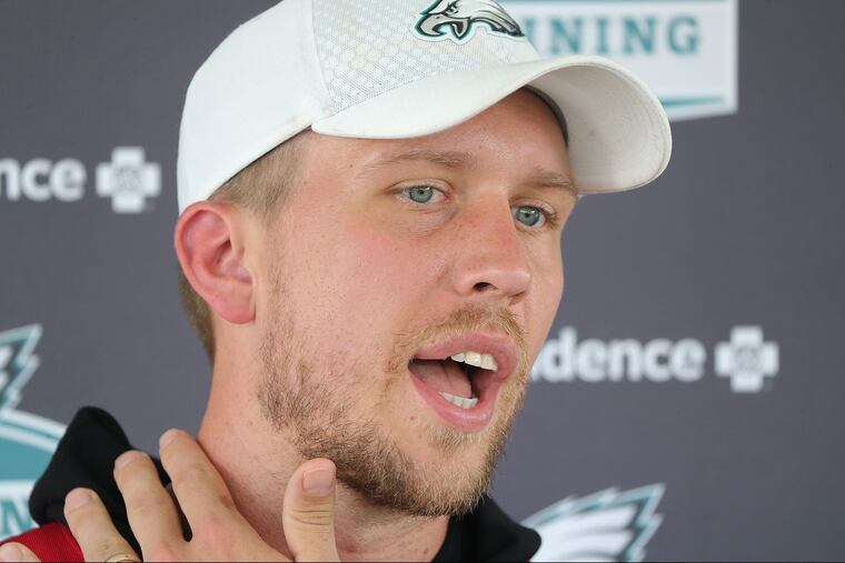 Eagles' Nick Foles talks about why he is sitting out during Eagles training camp at the NovaCare complex in Philadelphia, PA on August 7, 2018. DAVID MAIALETTI / Staff Photographer