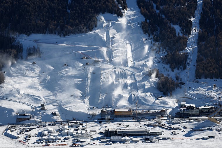 This photo shows the snowboarding and freestyle skiing events which will take place during the upcoming Milan Cortina Winter Olympics in Livigno, Italy, Saturday, Dec. 27, 2025.