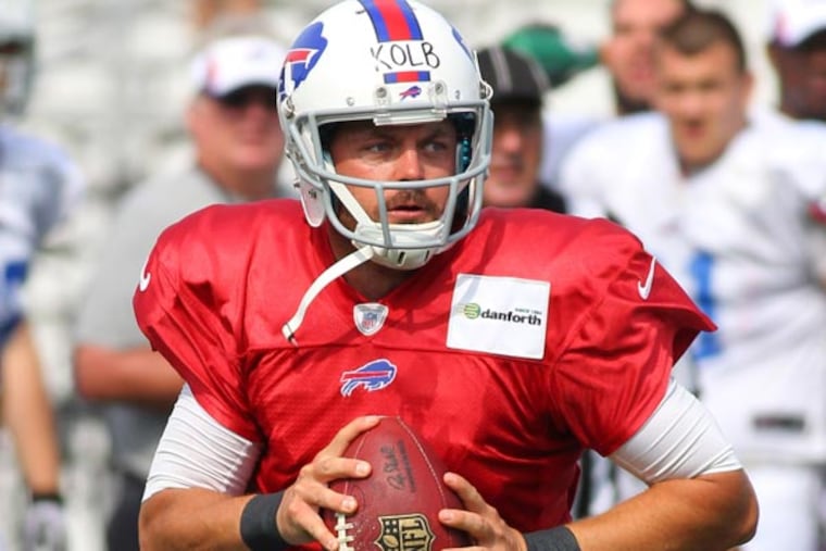 Bills quarterback Kevin Kolb throws a pass during their NFL football training camp in Pittsford, N.Y., Wednesday, July 31, 2013. (Bill Wippert/AP)