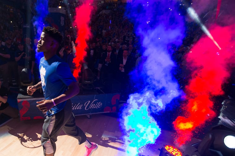 Jimmy Butler of the Sixers is introduced as part of the starting line-up against the Raptors during NBA playoff game at the Wells Fargo Center on May 2, 2019.