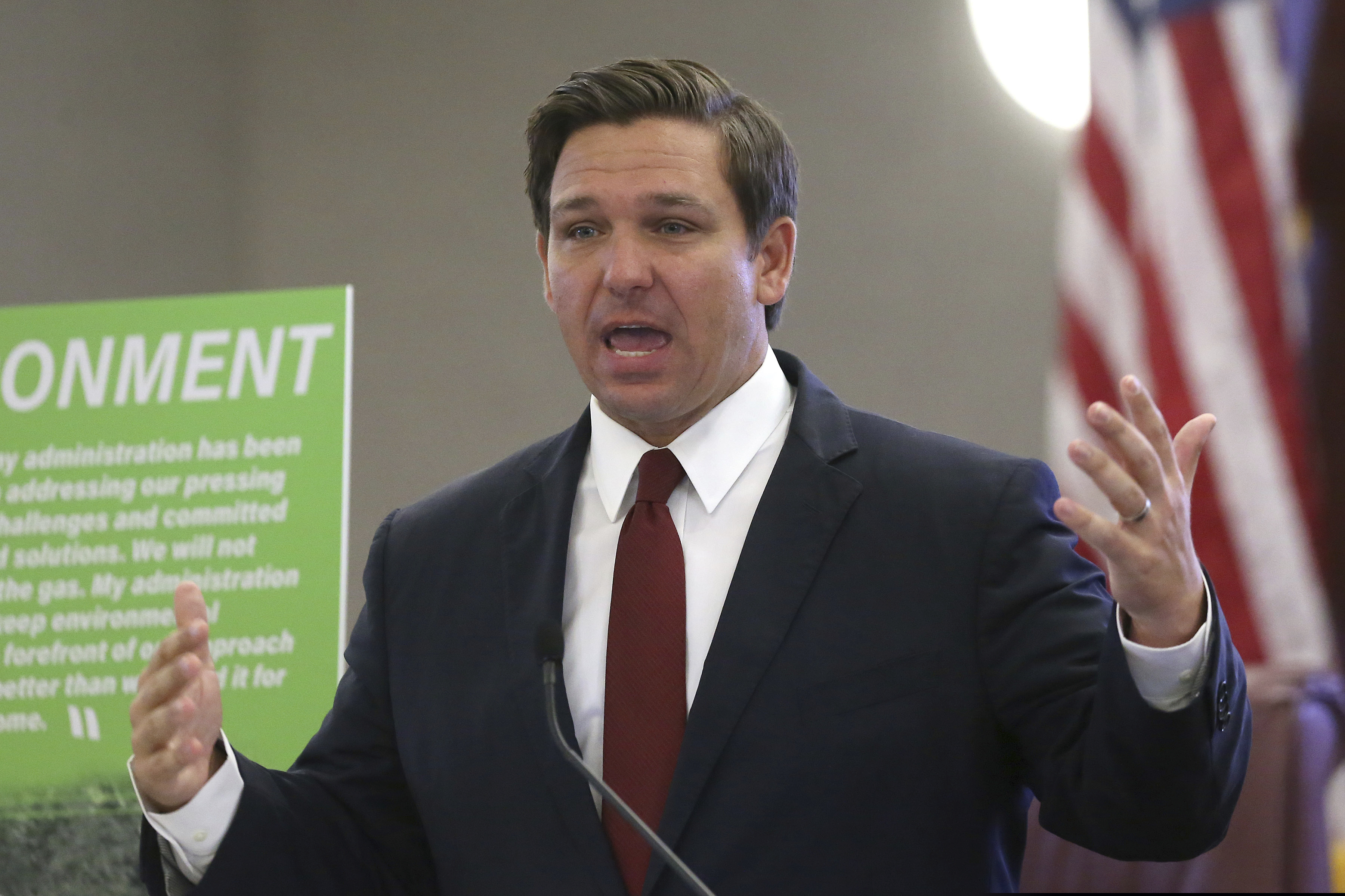 In this Oct. 29, 2019, file photo, Gov. Ron DeSantis speaks at a news conference on in Tallahassee, Fla. A federal judge has ruled that the Florida law requiring felons to pay legal fees as part of their sentences before regaining the vote is unconstitutional for those unable to pay, or unable to find out how much they owe. U.S. District Court Judge Robert Hinkle has acknowledged he is unlikely to have the last word, expecting the administration of Republican Gov. DeSantis to launch an appeal.