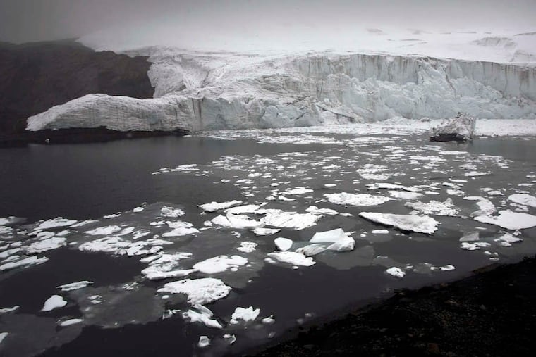 Melting blocks of ice float near the Pastoruri glacier in Huaraz, Peru. Peru's glaciers have lost more than one-fifth of their mass in three decades.
