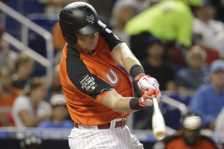 Phillies prospect Rhys Hoskins, shown playing for the U.S. team in the Futures all-star game on July 9, has 24 home runs for triple-A Lehigh Valley this season.