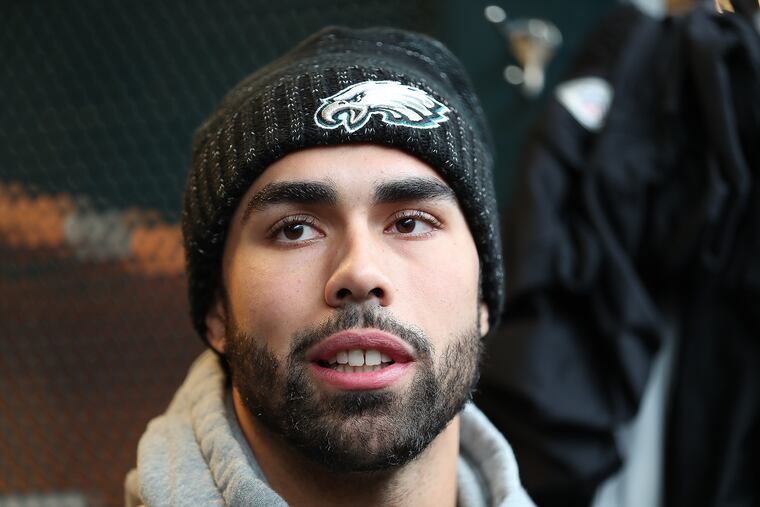 Eagles wide receiver J.J. Arcega-Whiteside talks with reporters as players clean out their lockers at the NovaCare practice facility on Monday.