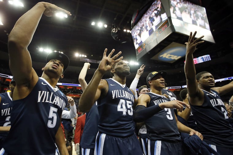 Villanova players celebrates after beating Kansas to advance to the Final Four.