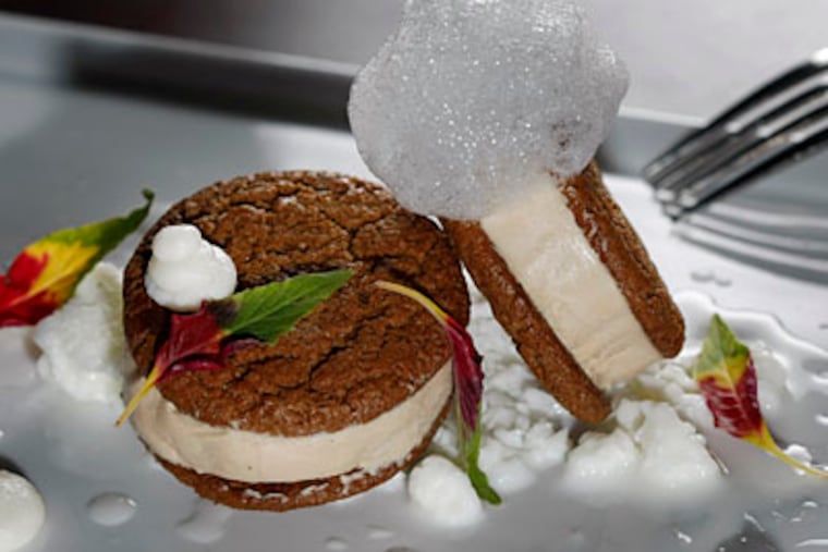 The Plescha brothers’ inventive take on "Oreos and milk": Gingersnaps stuffed with foie gras over shards of frozen sweet milk. (MICHAEL S. WIRTZ / Staff Photographer)