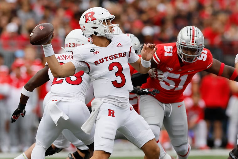 Quarterback Evan Simon throwing a pass for Rutgers against Ohio State on Oct. 1, 2022.
