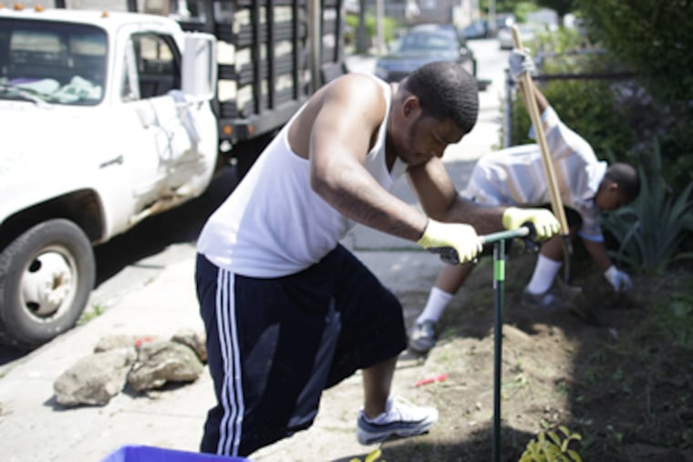 Jamal Greene, 20, nearest and Abdurrazzak Gilliam, 12, dig holes for
plants. (David Swanson / Staff Photographer)