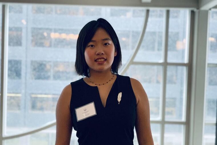 Lavender Huang at the 2018 Model UN conference. Huang, a Chinese citizen, has been studying at a suburban Philadelphia private school for four years. During the pandemic, she was forced to return home to China to renew her passport and now, due to border closings tied to COVID-19, she cannot return to America to continue her studies.