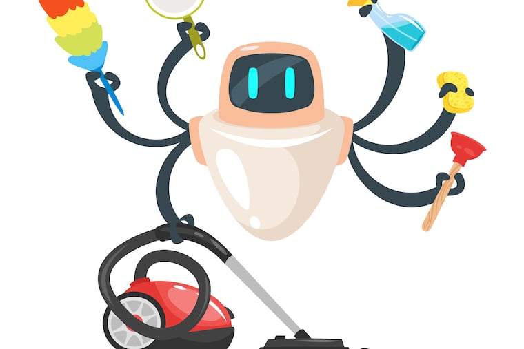 Vector cartoon style illustration of assistant domestic cleaner robot isolated on white background.