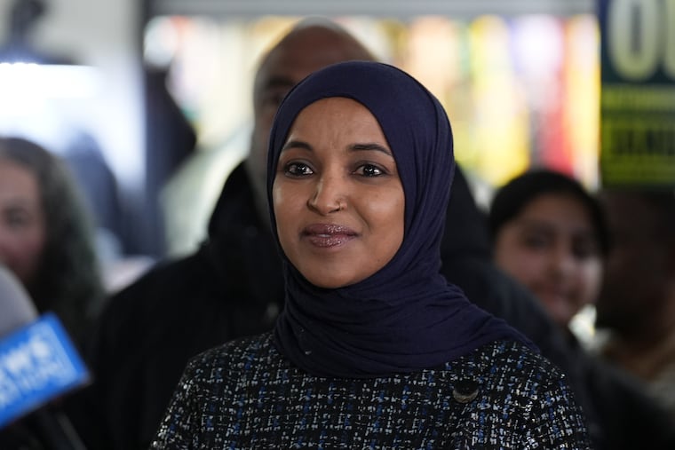 Rep. Ilhan Omar during a press conference on Wednesday in Minneapolis: A man squirted apple cider vinegar on her during a public appearance the day before.