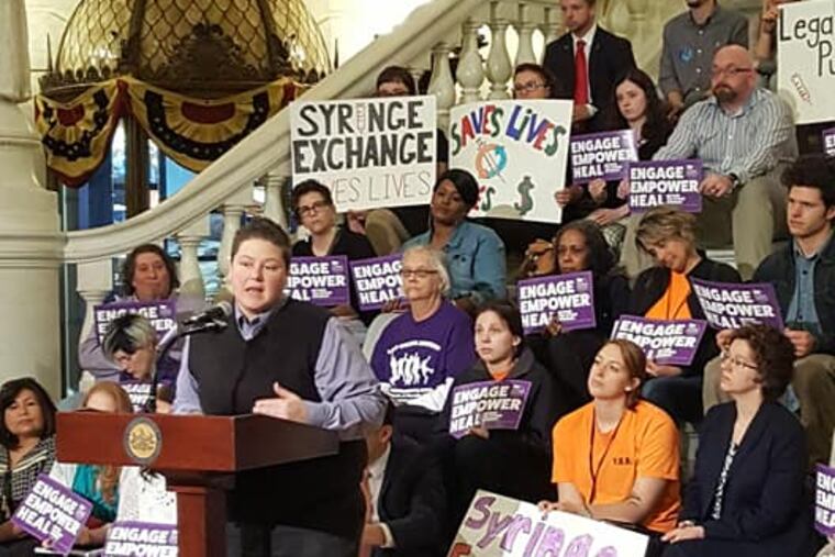 Brooke M. Feldman speaks at the Beyond the Opioid Epidemic legislative advocacy event at the state capitol in Harrisburg, PA on April 23, 2018.