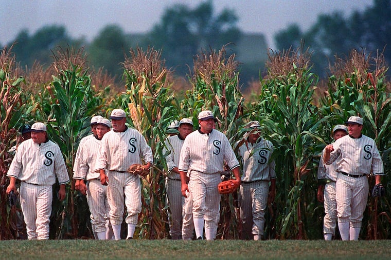 Shoeless Joe Jackson, one of the players represented in this recreation of ghost players emerging from the cornfield at the "Field of Dreams" movie site in Dyersville, Iowa, started his big-league career in Philly.