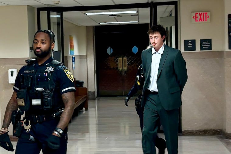 Aidan Jarrett is escorted out of a courtroom in the Montgomery County Courthouse on Tuesday after being sentenced to county jail. Jarrett pleaded guilty in June to homicide by vehicle and related crimes for a fatal crash he caused.