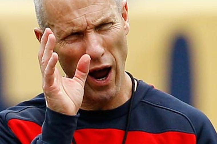 Coach Bob Bradley directs his team during practice before the U.S. plays Turkey on Saturday. (AP Photo/Matt Slocum)