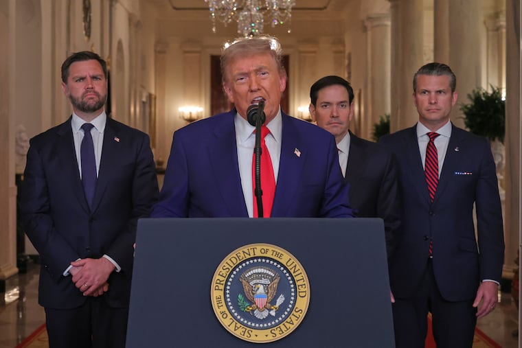 President Donald Trump addresses the nation from White House Saturday. With him are (from left) Vice President JD Vance, Secretary of State Marco Rubio, and Defense Secretary Pete Hegseth.