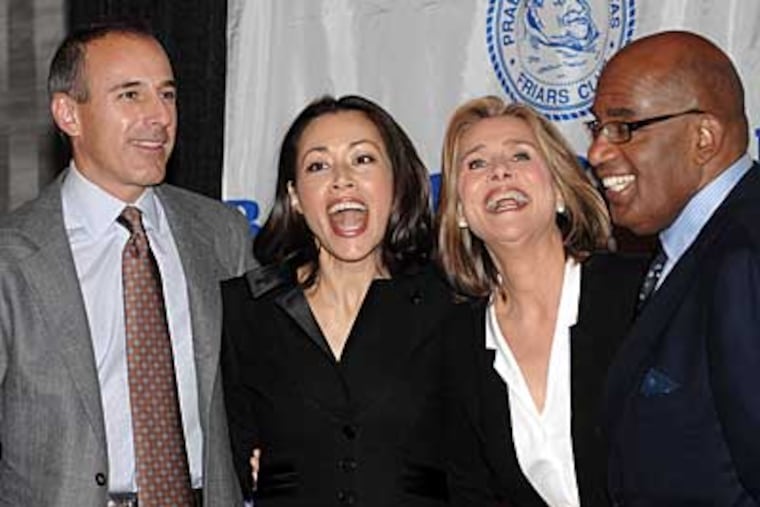 Matt Lauer (left) at yesterday’s roast with “Today” colleagues Ann Curry, Meredith Vieira and Al Roker. Even the more-staid speakers got raunchy.