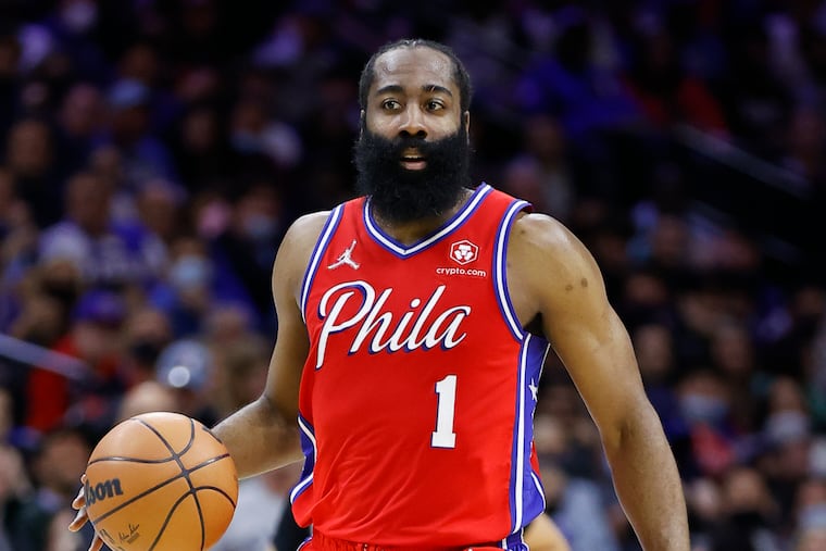 Sixers guard James Harden dribbles the basketball against the Toronto Raptors during Game 2 of the Eastern Conference quarterfinals playoffs on Monday in Philadelphia.