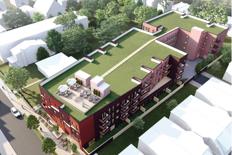 An aerial view rendering of the apartment building proposed for 5709 Cottage St. in Philadelphia's Wissinoming neighborhood.