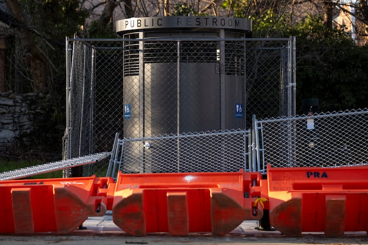 A new Portland Loo standalone bathroom remains behind fencing at Vernon Park in Germantown.