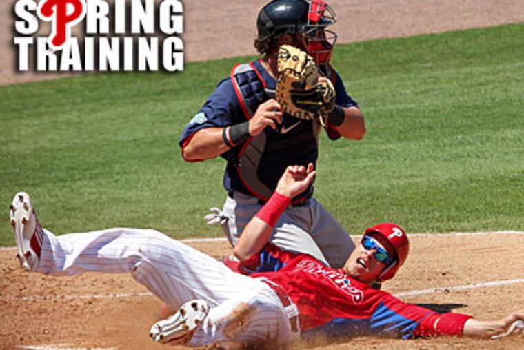 Phillies' Luis Montanez gets tagged out at home by Boston catcher Jarrod Saltalamacchia. (David M Warren/Staff Photographer)