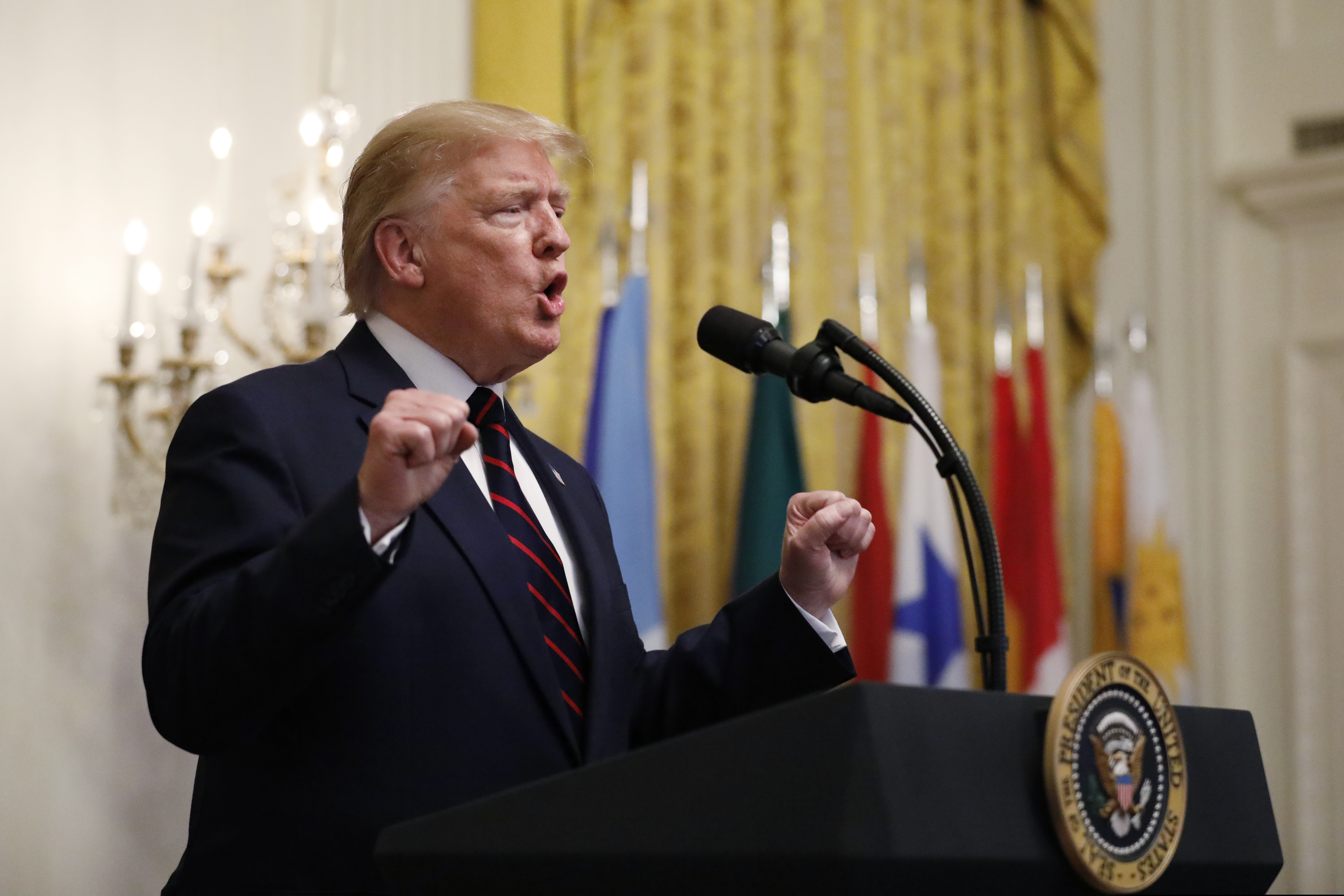 President Donald Trump speaks at the Hispanic Heritage Month Reception in the East Room of the White House in Washington, Friday, Sept. 27, 2019.