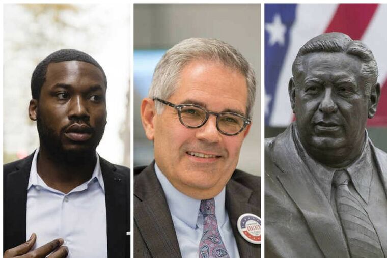 The week that was: Meek Mill (left) sentenced to prison, Democrat Larry Krasner (center) is elected as District Attorney of Philadelphia, and the Frank Rizzo statue (right) is being moved from its home across the street from City Hall.