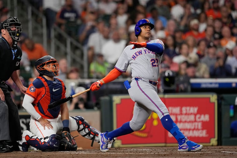 The Mets' Juan Soto hitting a home run against the Houston Astros on March 28.