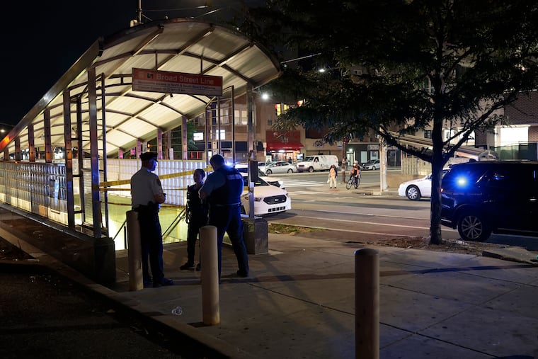 Police investigate a fatal shooting on a SEPTA Broad Street Line train near the Girard Avenue Station in North Philadelphia on Friday night.