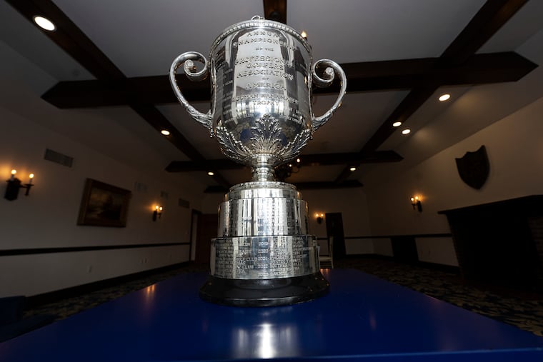 The Wanamaker Trophy sits on display inside the clubhouse at Aronimink Golf Club.