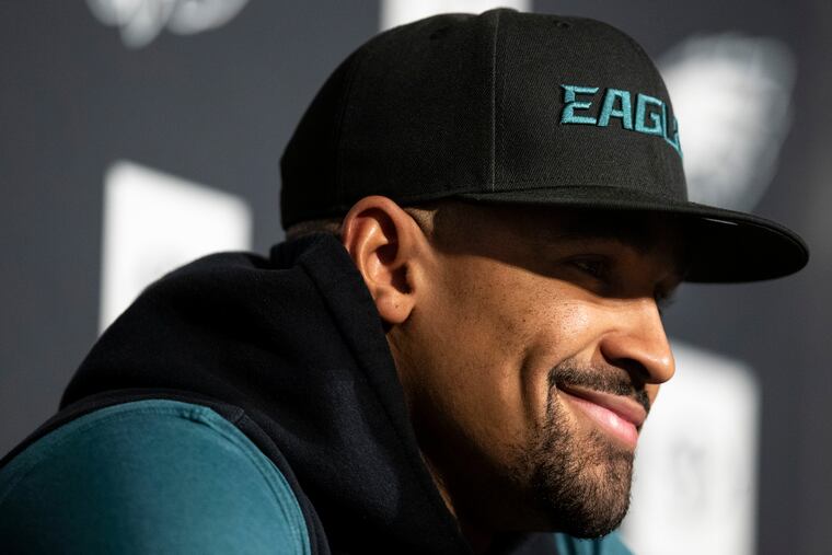 Eagles quarterback Jalen Hurts speaks with reporters at the NovaCare Complex on Thursday.