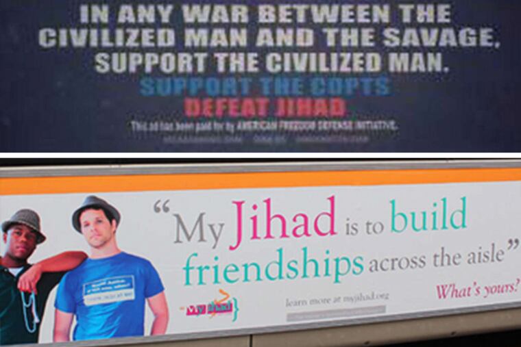 Anti-Islamic ads on Chicago transit from the American Freedom Defense Initiative (top), and ads from the “My Jihad” campaign (bottom).