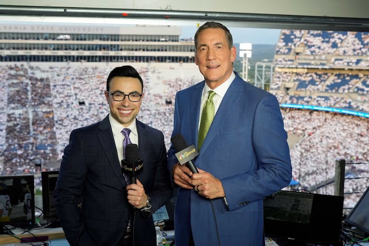 Noah Eagle (left) and Todd Blackledge will call Saturday's Penn State-Oregon game for NBC.
