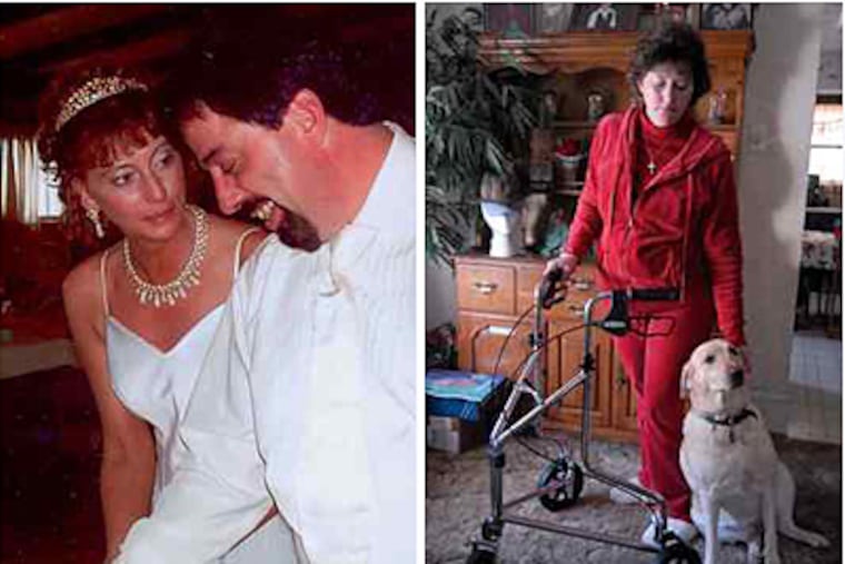 Plaintiff Diann Jones used Poligrip for eight years. Her lawyer says she is housebound, unable to care for her 11-year-old son. At left, a healthy Jones and husband Robert at their 2006 wedding. (Jacqueline Dormer / Pottsville Republican-Herald)