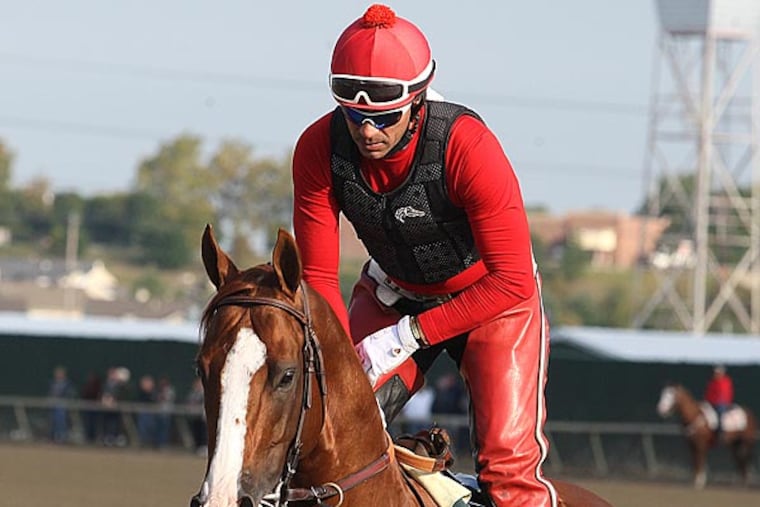 In this image provided by Equi-Photo, Kentucky Derby and Preakness Stakes winner California Chrome, with exercise rider Willie Delgado (AP Photo/Equi-Photo, Bill Denver)