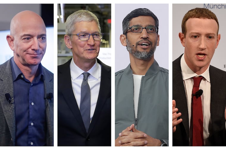 This combination of 2019-2020 photos shows Amazon CEO Jeff Bezos, Apple CEO Tim Cook, Google CEO Sundar Pichai and Facebook CEO Mark Zuckerberg. On Wednesday, July 29, 2020, the four Big Tech leaders will answer for their companies’ practices before Congress at a hearing by the House Judiciary subcommittee on antitrust.
