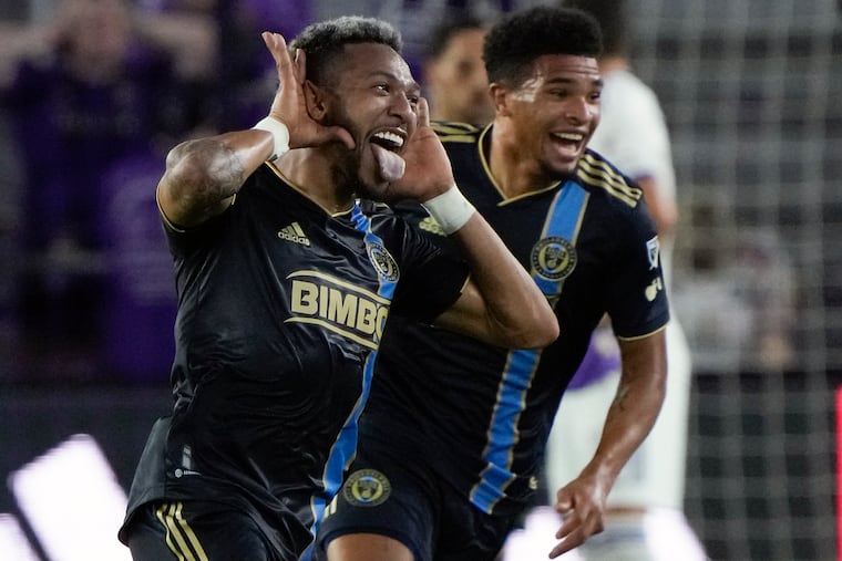 José Andrés Martínez (left) celebrates his goal for the Union at Orlando.
