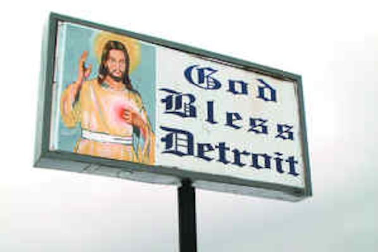 Ronald Cook Jr., an unemployed welder, remembers when things "used to be plush." The sign above stands in a liquor store parking lot.