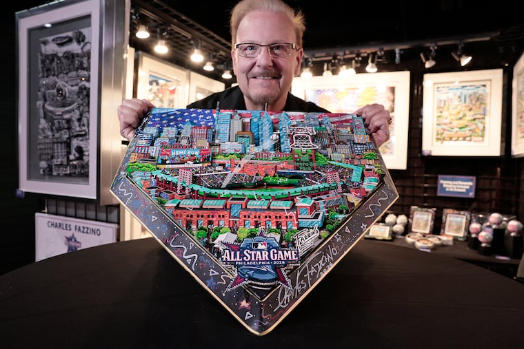 3-D pop artist Charles Fazzino displays his hand made ceremonial homeplate that will be used for the first pitch of the 2026 All-Star Game. Fazzino was readying his booth at the Capital One All-Star Village in the Philadelphia Convention Center on Thursday, July 9, 2026.