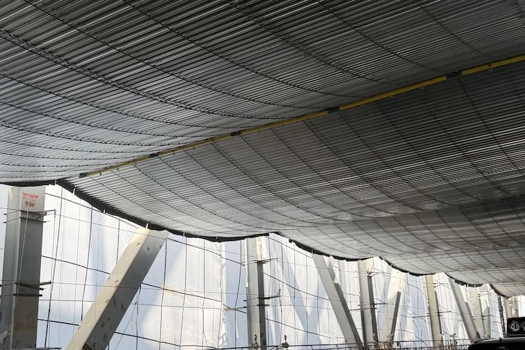 A painting enclosure on the Commodore Barry Bridge, where workers are sand blasting away layers of old coverings, including lead-based paint. The bridge is in the midst of a $220 million rehabilitation. The Delaware River Port Authority says it's the most expensive project it has undertaken, and work is expected to be complete in 2028.