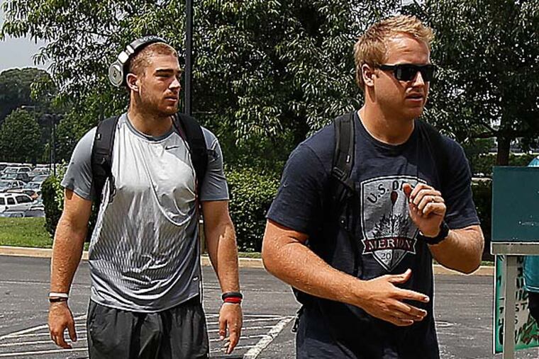 Eagles tight end Zach Ertz (left) and quarterback Matt Barkley. (David Maialetti/Staff Photographer)