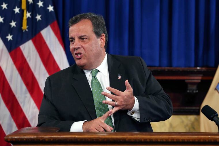 Gov. Christie emphasizes a point as he addresses a gathering at the Statehouse after signing legislation Tuesday, Aug. 16, 2016, in Trenton.