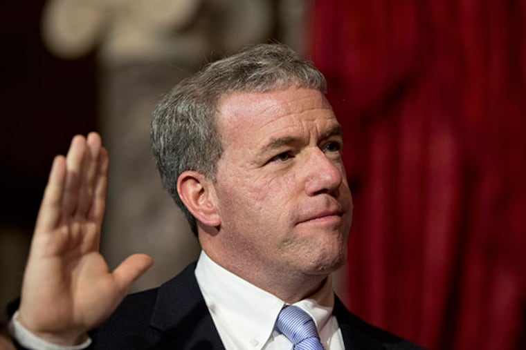 Jeffrey Chiesa, the new interim-senator from New Jersey, stands with Vice President Joe Biden for a ceremonial swearing-in photo in the Old Senate Chamber at the Capitol in Washington, Monday, June 10, 2013. (AP Photo/J. Scott Applewhite)