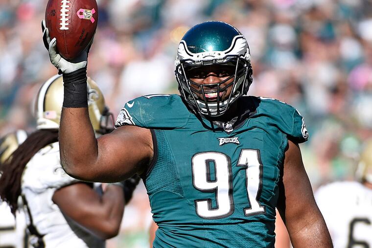 Philadelphia Eagles defensive end Fletcher Cox (91) celebrates after recovering a fumble against the New Orleans Saints at Lincoln Financial Field.