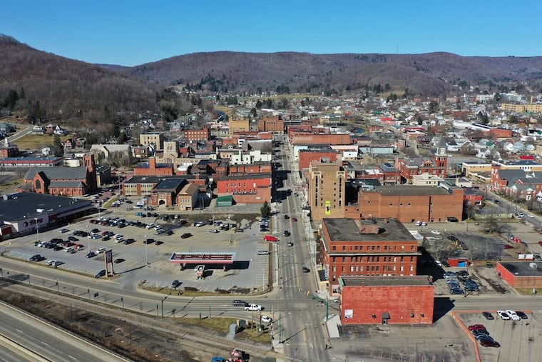 An aerial photo of downtown Bradford in McKean County, located in northern Pennsylvania.
