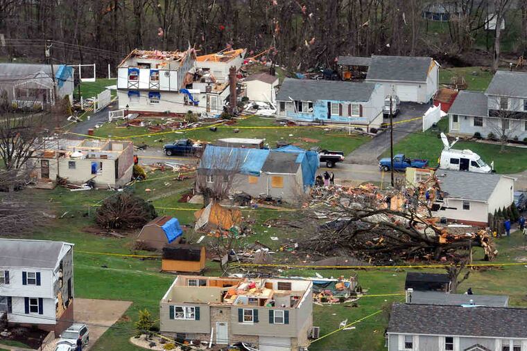 Aerial view of damaged homes in Sewickley Township, Pa. A tornado ripped through Westmoreland County eastof Pittsburgh. "We have no fatalities," said a county emergency official. "This is absolutely a March miracle."