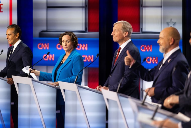 Antonio Villaraigosa (from left), Katie Porter, Tom Steyer, and Steve Hilton participate in a California gubernatorial debate hosted by CNN at East Los Angeles College on May 5.