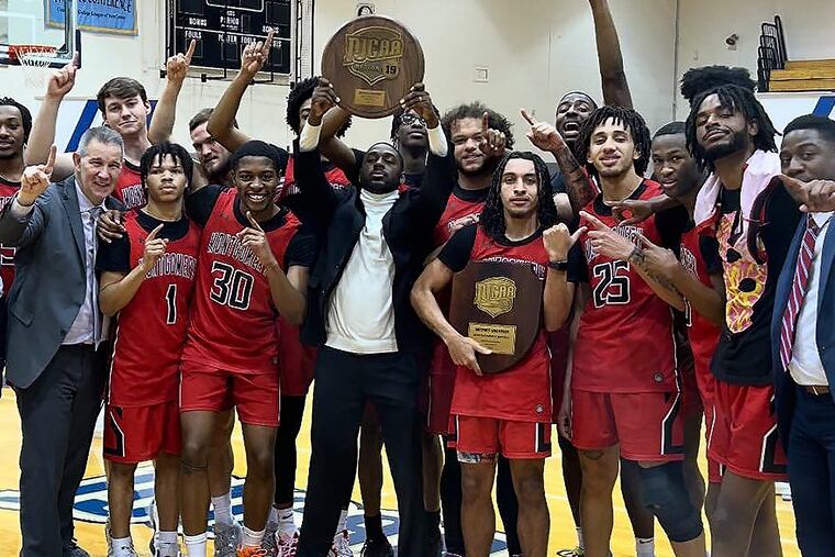 The Montgomery County Community College men’s basketball team poses after winning the Region 19 championship on March 2.