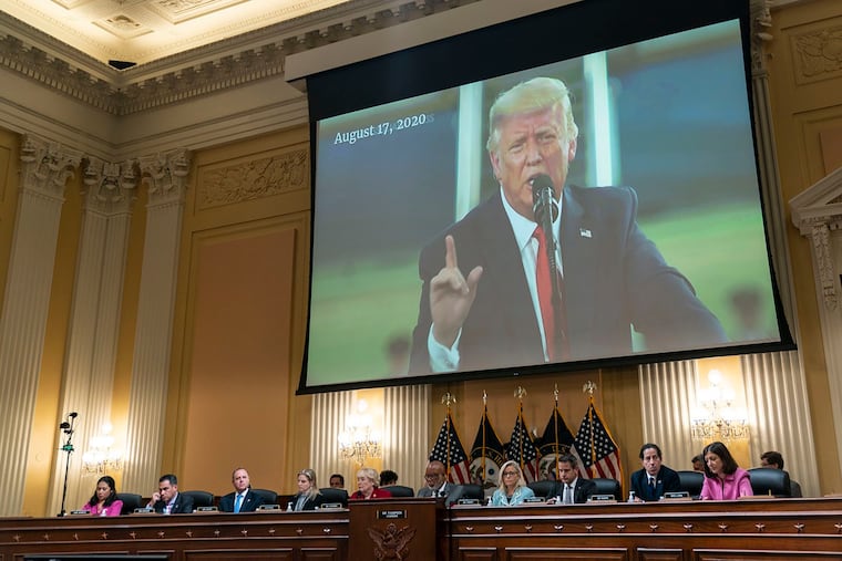 A video of former President Donald Trump displayed on a screen during a June hearing held by the House select committee investigating the Jan. 6, 2021 insurrection.
