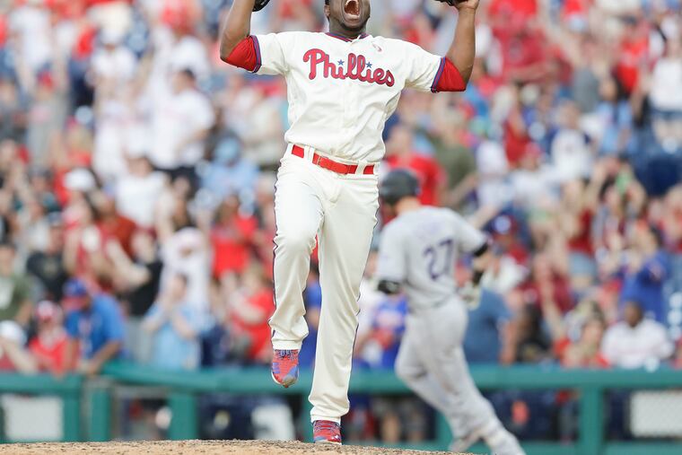 Phillies pitcher Hector Neris yells after getting Colorado Rockies Trevor Story to fly out for the final out of the game on Saturday, May 18, 2019 in Philadelphia. The Phillies beat the Rockies 2-1.